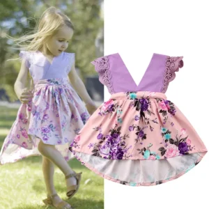 Little Girls Purple V Neck Frock - Lacing Legends