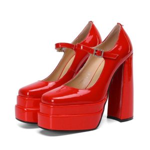 Chunky Platform High Block Heels With Buckle