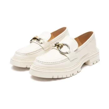 Cream Chunky Snaffle Loafers with Golden Trim