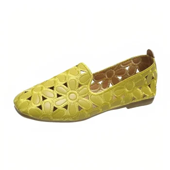 Mustard Square Toe Floral Hollow Out Ballet Flats