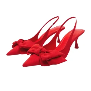 Pointed Toe Red Slingback Heels With Bow