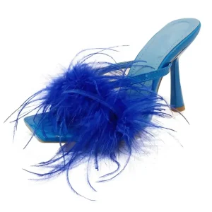 Blue Slide Feather Slipper Heels – Boho Kitten Heels