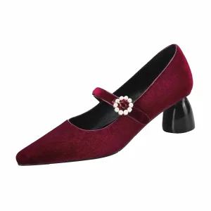 Wine Red velvet Coat Shoes Pearl Buckle Mid Strap Heels