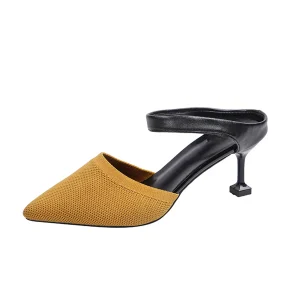 Yellow Pointed Toe Knit Mid Heeled Mules